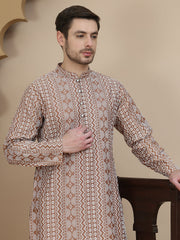Geometric Print Silk Blend Straight Kurtas for Men ( KO 5250 Brown ) [FF] [N-7 ]