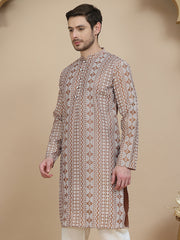 Geometric Print Silk Blend Straight Kurtas for Men ( KO 5250 Brown ) [FF] [N-7 ]