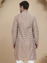 Geometric Print Silk Blend Straight Kurtas for Men ( KO 5250 Brown ) [FF] [N-7 ]