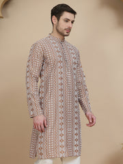 Geometric Print Silk Blend Straight Kurtas for Men ( KO 5250 Brown ) [FF] [N-7 ]