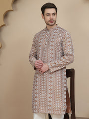 Geometric Print Silk Blend Straight Kurtas for Men ( KO 5250 Brown ) [FF] [N-7 ]