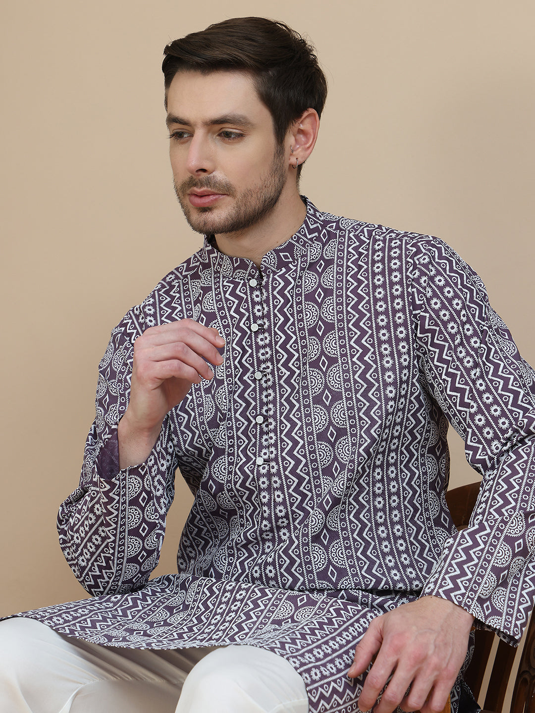 Geometric Print Silk Blend Straight Kurtas for Men ( KO 5250 Purple ) [FF] [N-7 ]