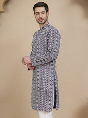 Geometric Print Silk Blend Straight Kurtas for Men ( KO 5250 Purple ) [FF] [N-7 ]