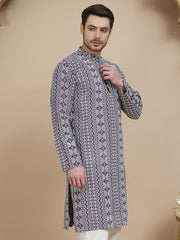 Geometric Print Silk Blend Straight Kurtas for Men ( KO 5250 Purple ) [FF] [N-7 ]