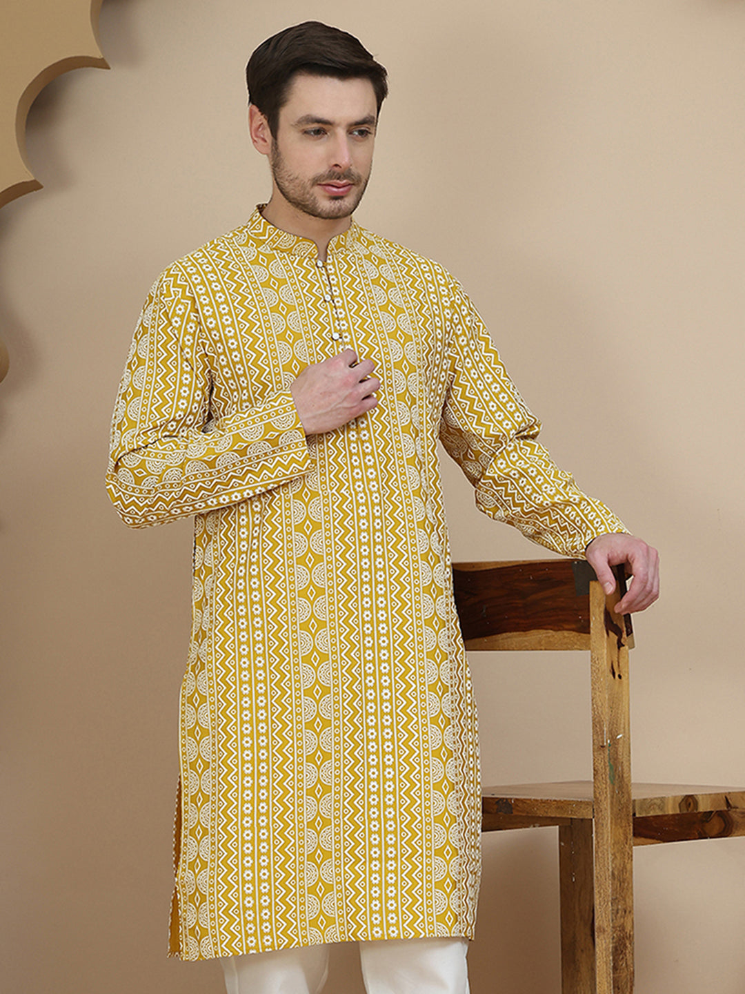 DesiQlo Men Printed Kurta Only - Yellow - KO_5250Yellow_S