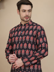Printed Silk Blend Straight Kurtas for Men ( KO 5251 Black ) [FF] [P-3]