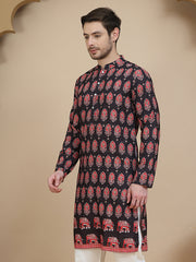 Printed Silk Blend Straight Kurtas for Men ( KO 5251 Black ) [FF] [P-3]