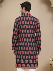 Printed Silk Blend Straight Kurtas for Men ( KO 5251 Black ) [FF] [P-3]
