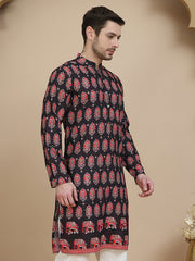 Printed Silk Blend Straight Kurtas for Men ( KO 5251 Black ) [FF] [P-3]