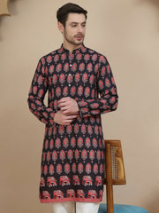 Printed Silk Blend Straight Kurtas for Men ( KO 5251 Black ) [FF] [P-3]