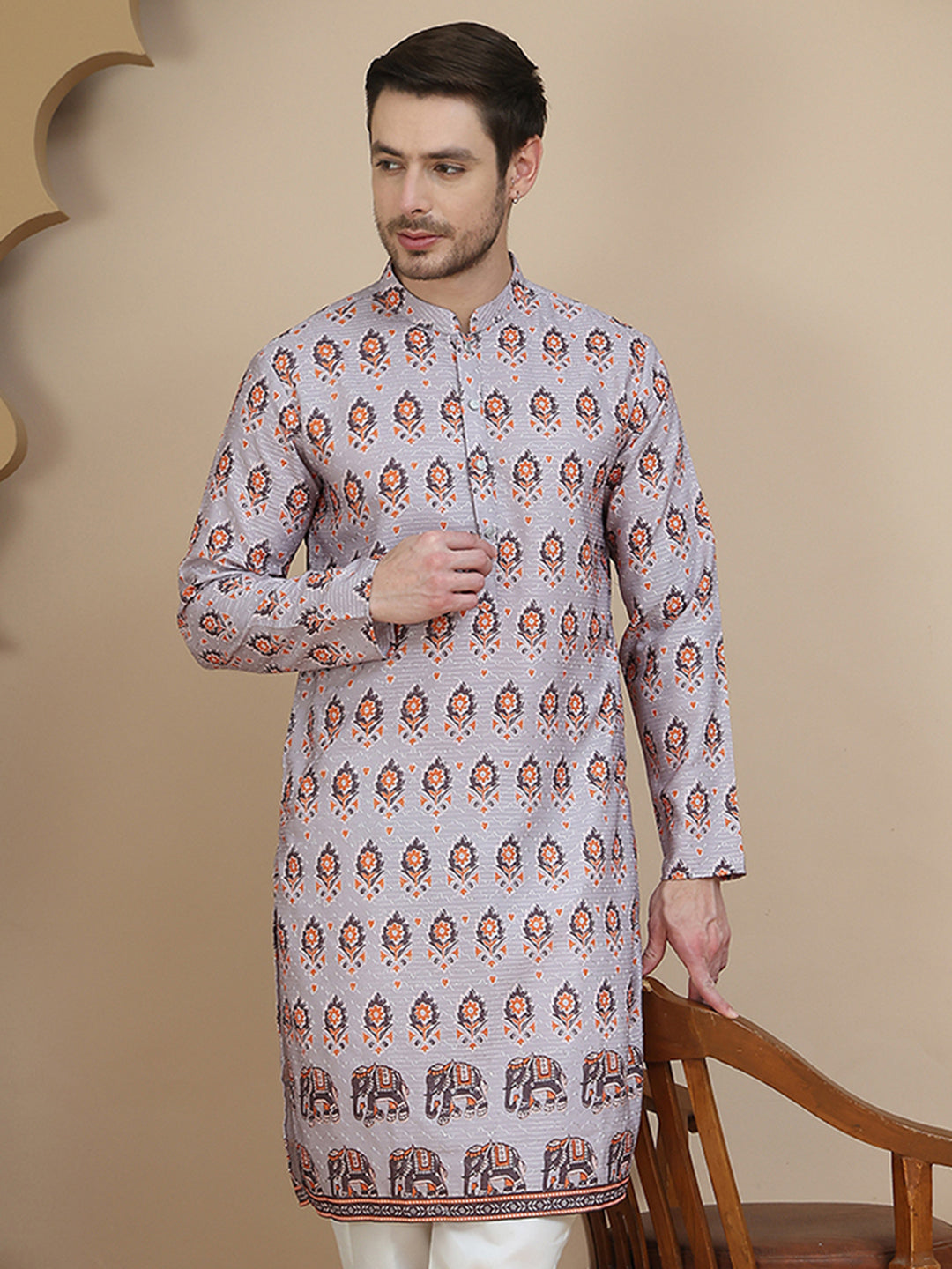 DesiQlo Men Printed Kurta Only - Grey - KO_5251Grey_S