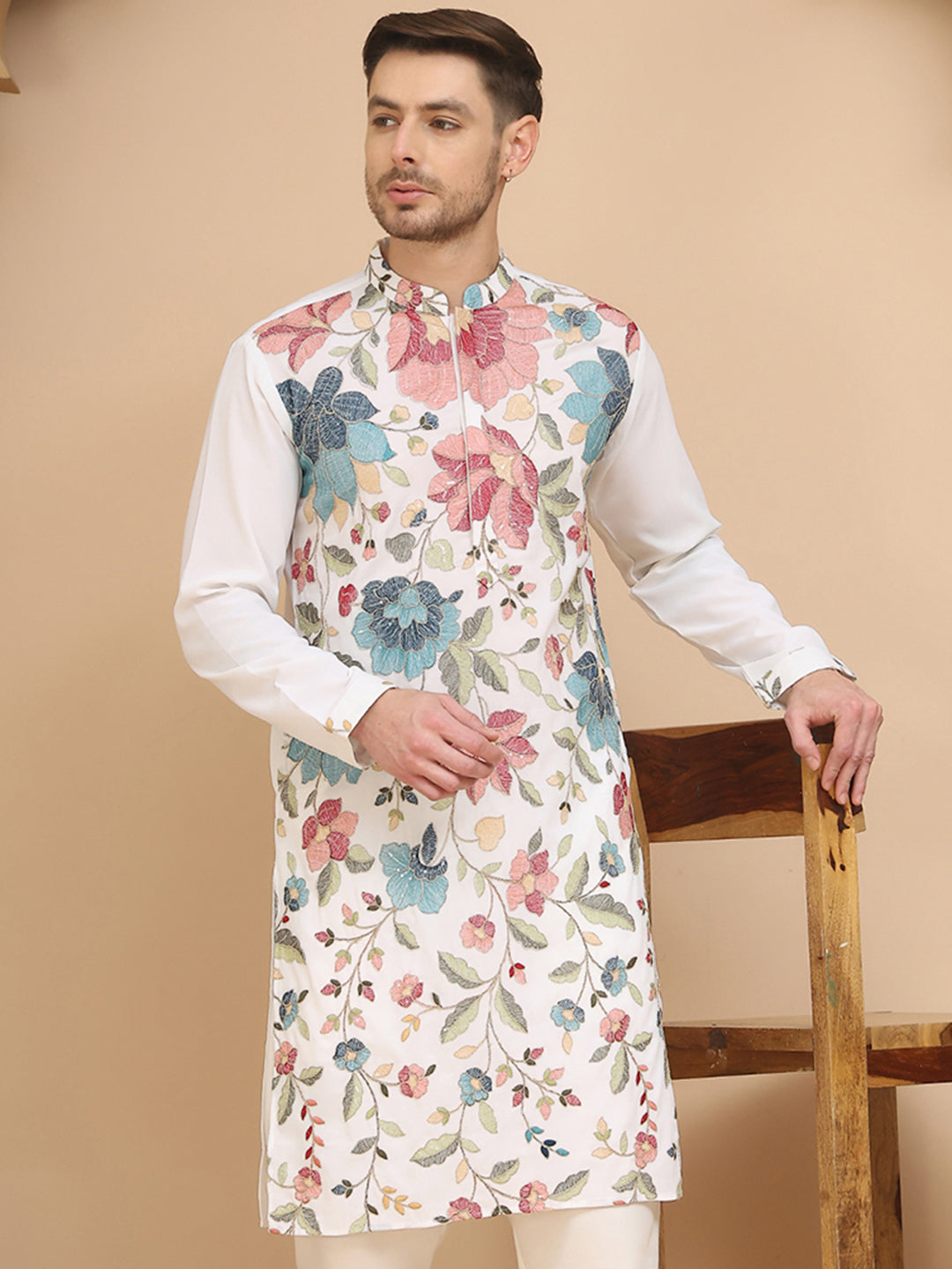 DesiQlo Men Embroidered Kurta Only - White - KO_5255White_S