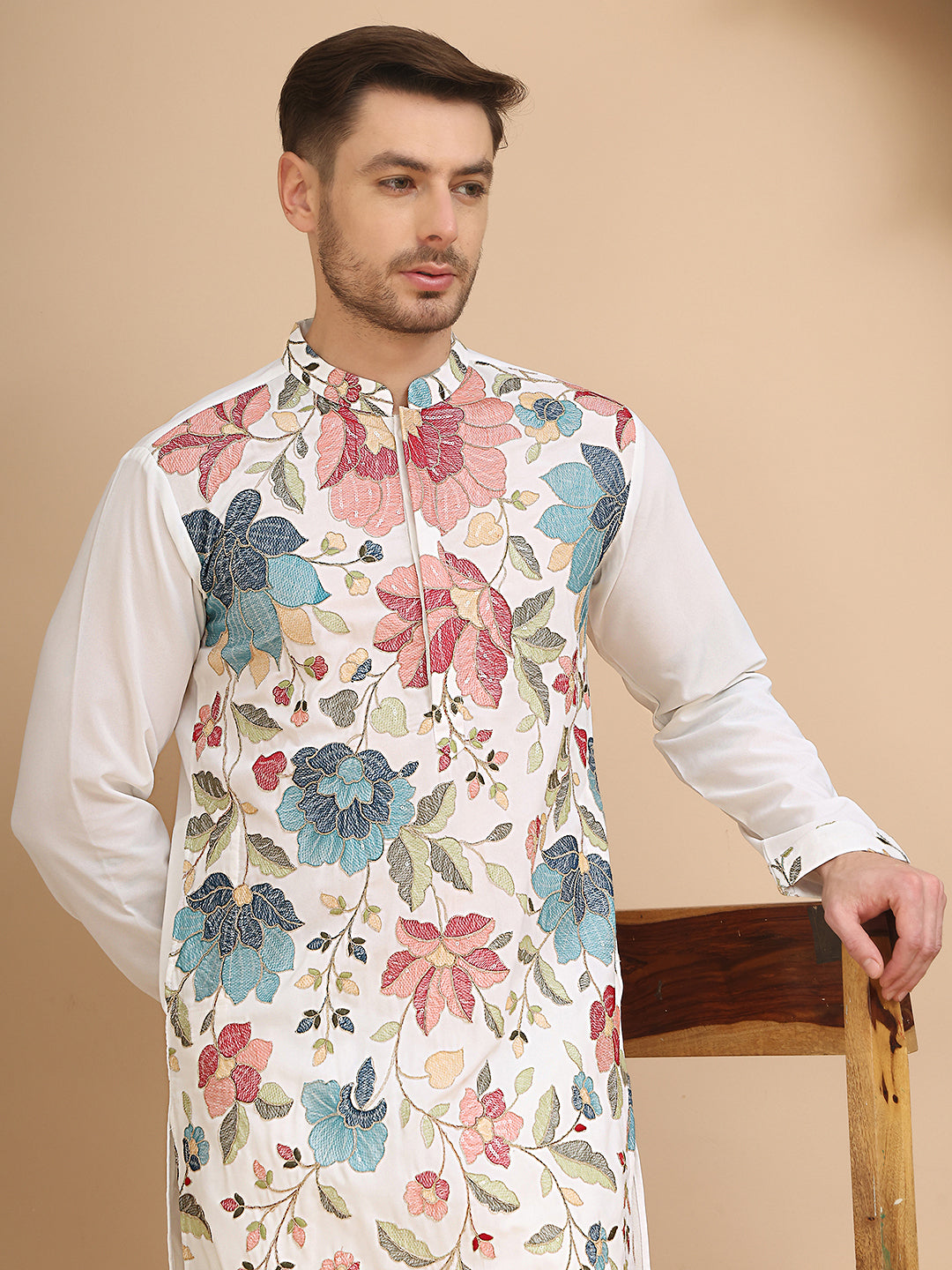 DesiQlo Men Embroidered Kurta Only - White - KO_5255White_S