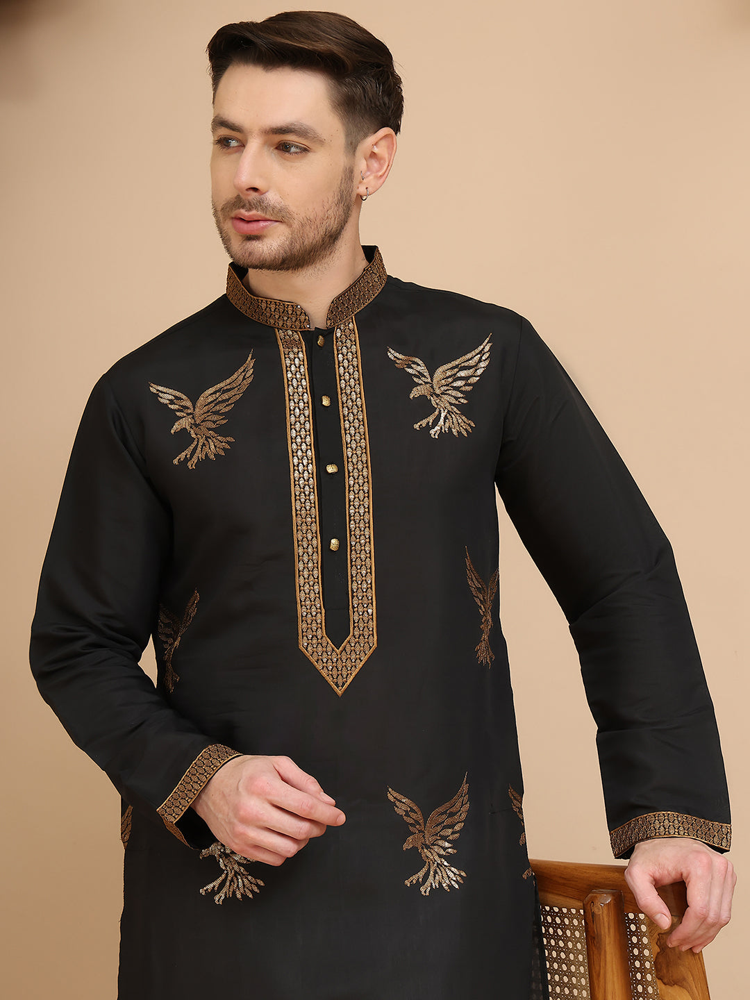 DesiQlo Men Embroidered Kurta Only - Black - KO_5256Black_S