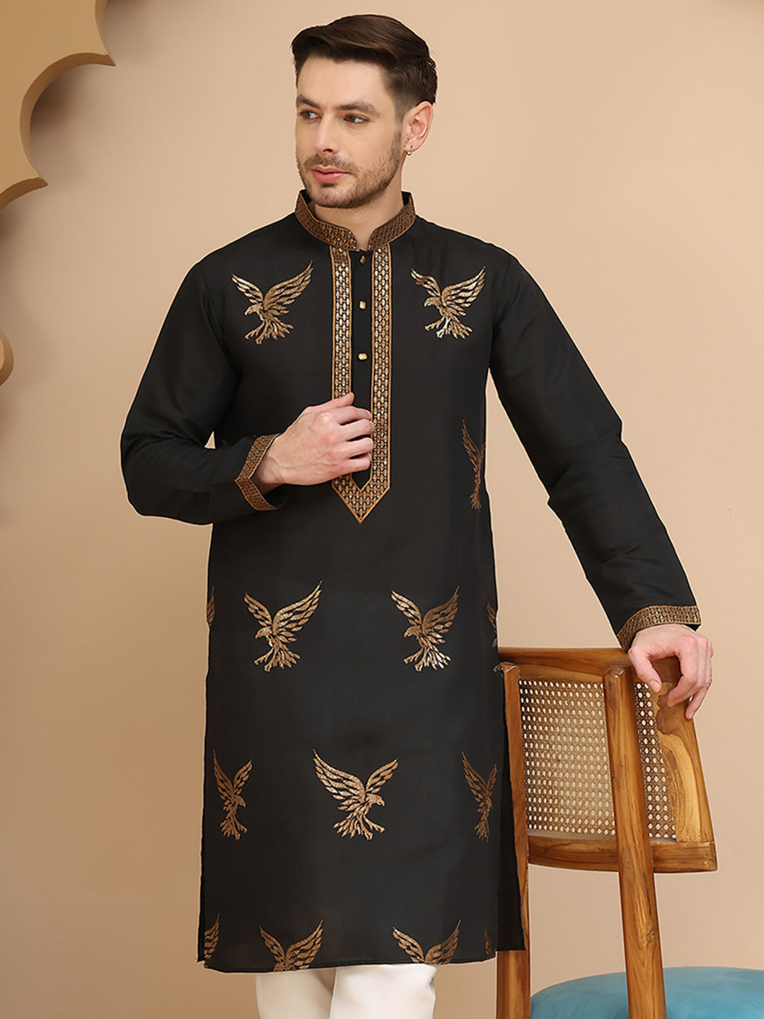 DesiQlo Men Embroidered Kurta Only - Black - KO_5256Black_S