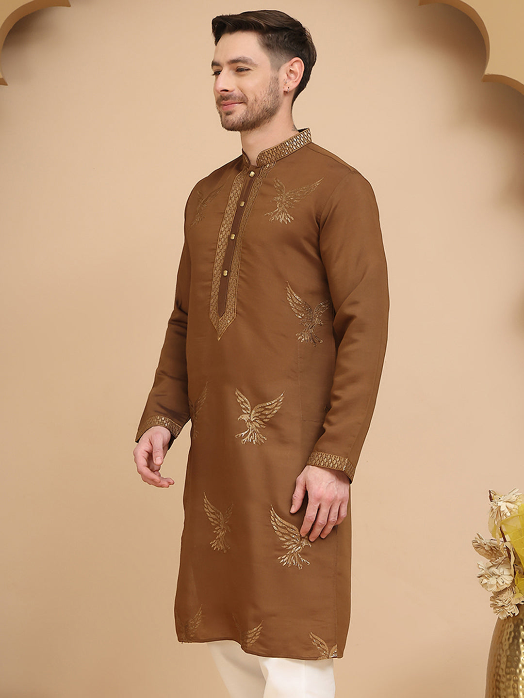 DesiQlo Men Embroidered Kurta Only - Brown - KO_5256Brown_S