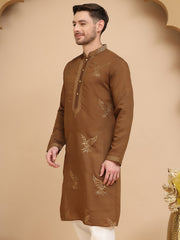 Silk Blend Kurtas with Golden Eagle Embroidery ( KO 5256 Brown ) [FF] [N-5-6]