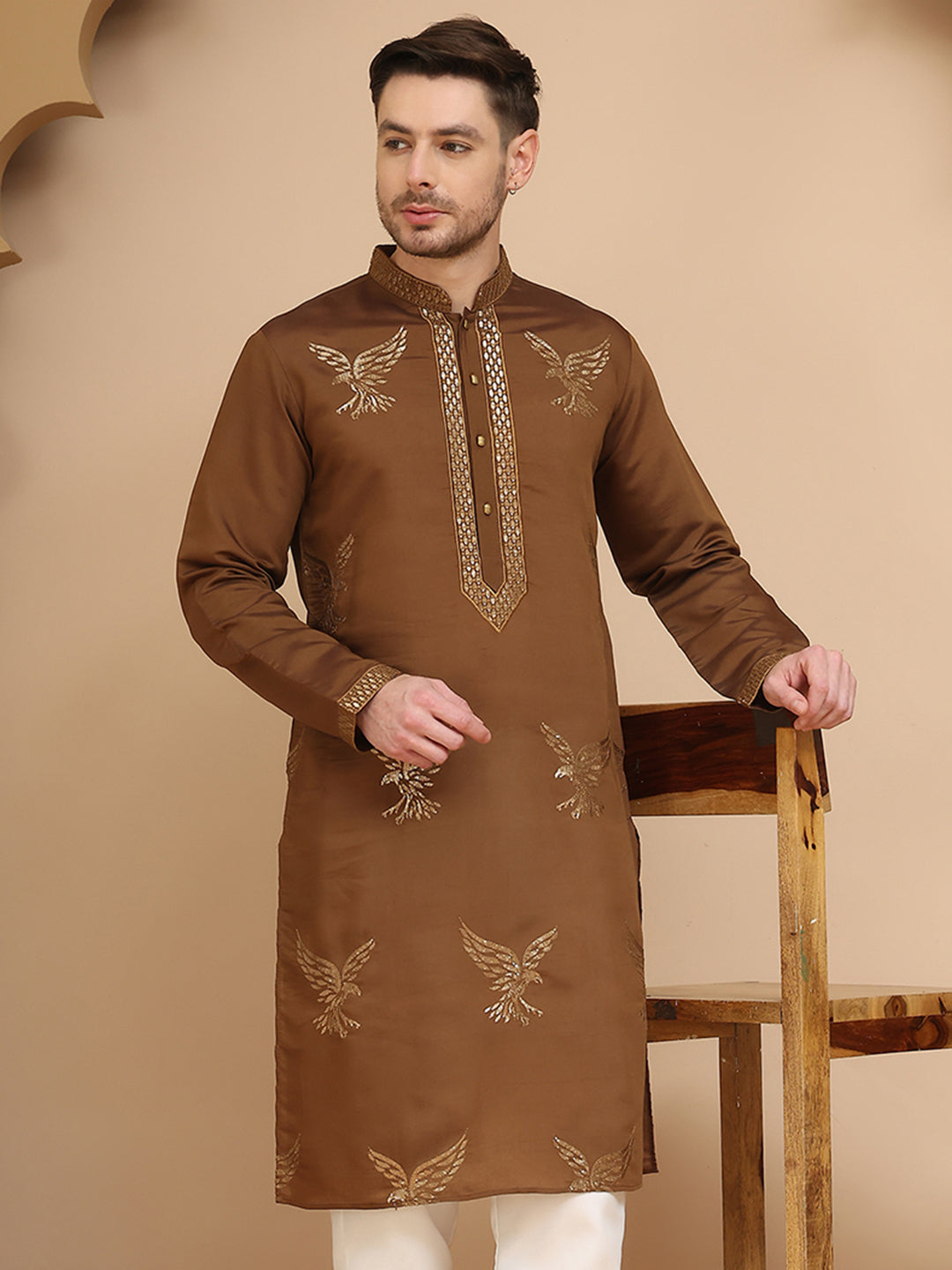 DesiQlo Men Embroidered Kurta Only - Brown - KO_5256Brown_S