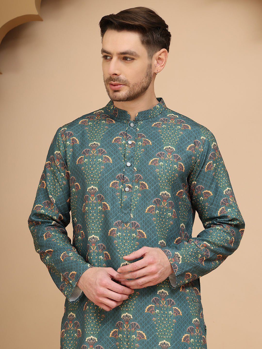 Printed Silk Blend Straight Kurtas for Men ( KO 5259 Green )