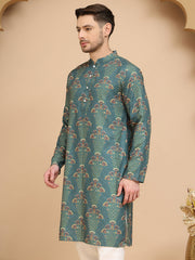 Printed Silk Blend Straight Kurtas for Men ( KO 5259 Green )