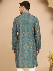 Printed Silk Blend Straight Kurtas for Men ( KO 5259 Green )