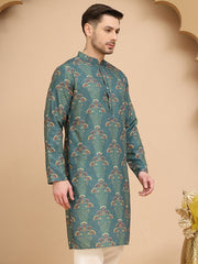 Printed Silk Blend Straight Kurtas for Men ( KO 5259 Green )
