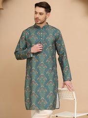 Printed Silk Blend Straight Kurtas for Men ( KO 5259 Green )