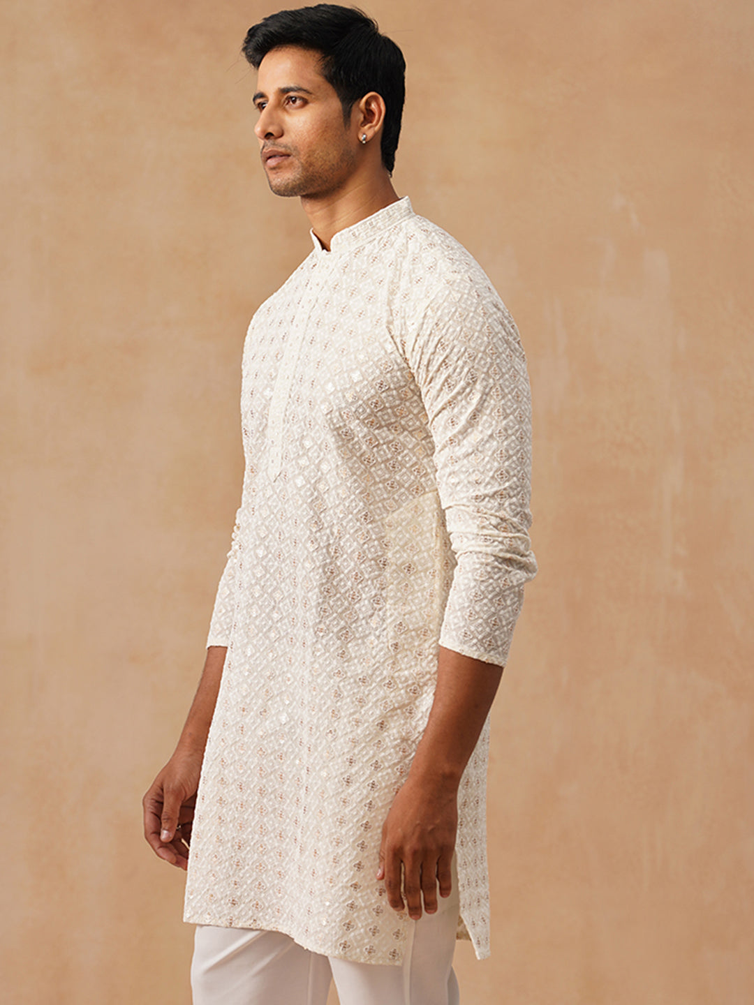 DesiQlo Men Geometric Kurta Only - Beige - KO_5260Cream_S