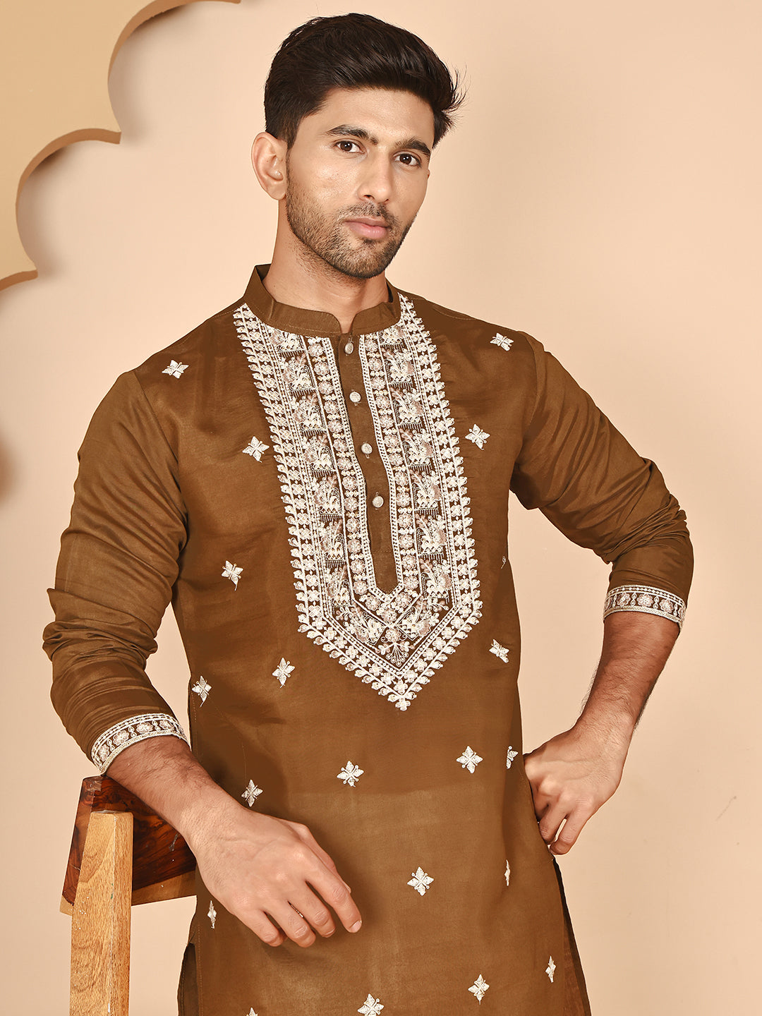 DesiQlo Men Embroidered Kurta Only - Green - KO_5263Mehndi_S
