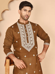 Embroidered Silk Blend Kurtas for Men ( KO 5263 Mehndi ) [FF] [I-1-4]