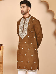 Embroidered Silk Blend Kurtas for Men ( KO 5263 Mehndi ) [FF] [I-1-4]