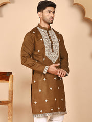 Embroidered Silk Blend Kurtas for Men ( KO 5263 Mehndi ) [FF] [I-1-4]