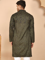 Men's Olive Embroidered Kurtas ( KO 5267 Olive ) [FF] [A-1-4]