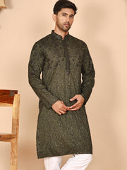 Men's Olive Embroidered Kurtas ( KO 5267 Olive ) [FF] [A-1-4]
