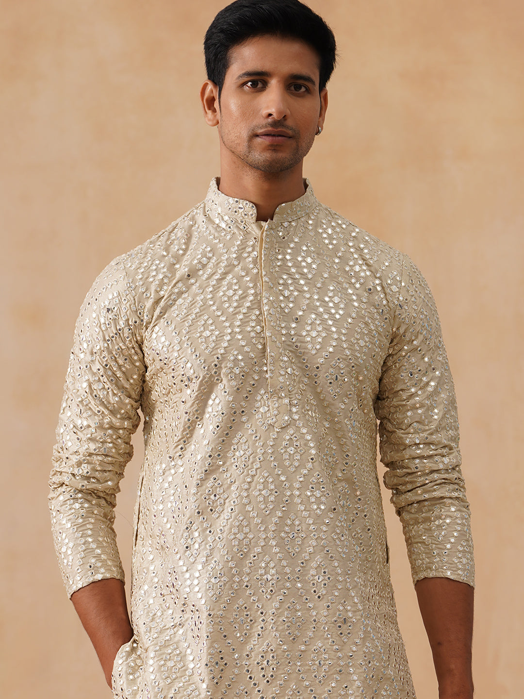 DesiQlo Men Geometric Kurta Only - Beige - KO_5269Cream_S