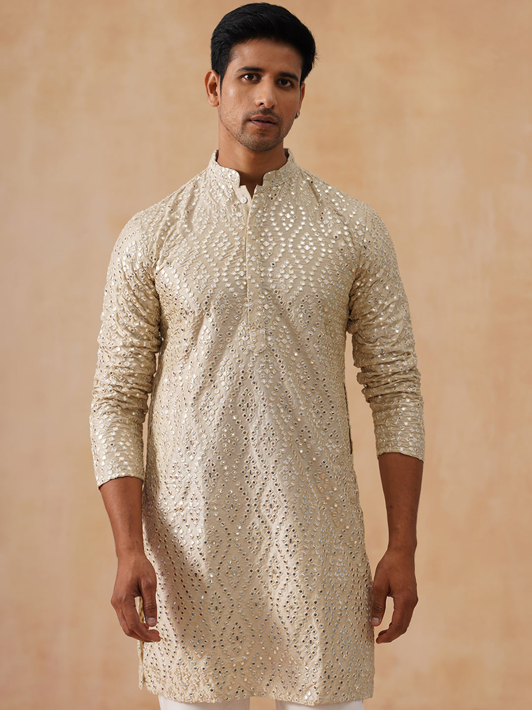 DesiQlo Men Geometric Kurta Only - Beige - KO_5269Cream_S