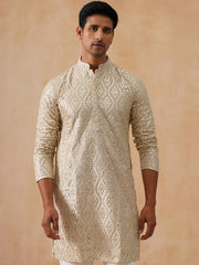 Traditional Mirror Embroidered Kurtas for Men ( KO 5269 Cream ) [FF] [I-1-4]