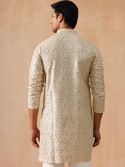 Traditional Mirror Embroidered Kurtas for Men ( KO 5269 Cream ) [FF] [I-1-4]