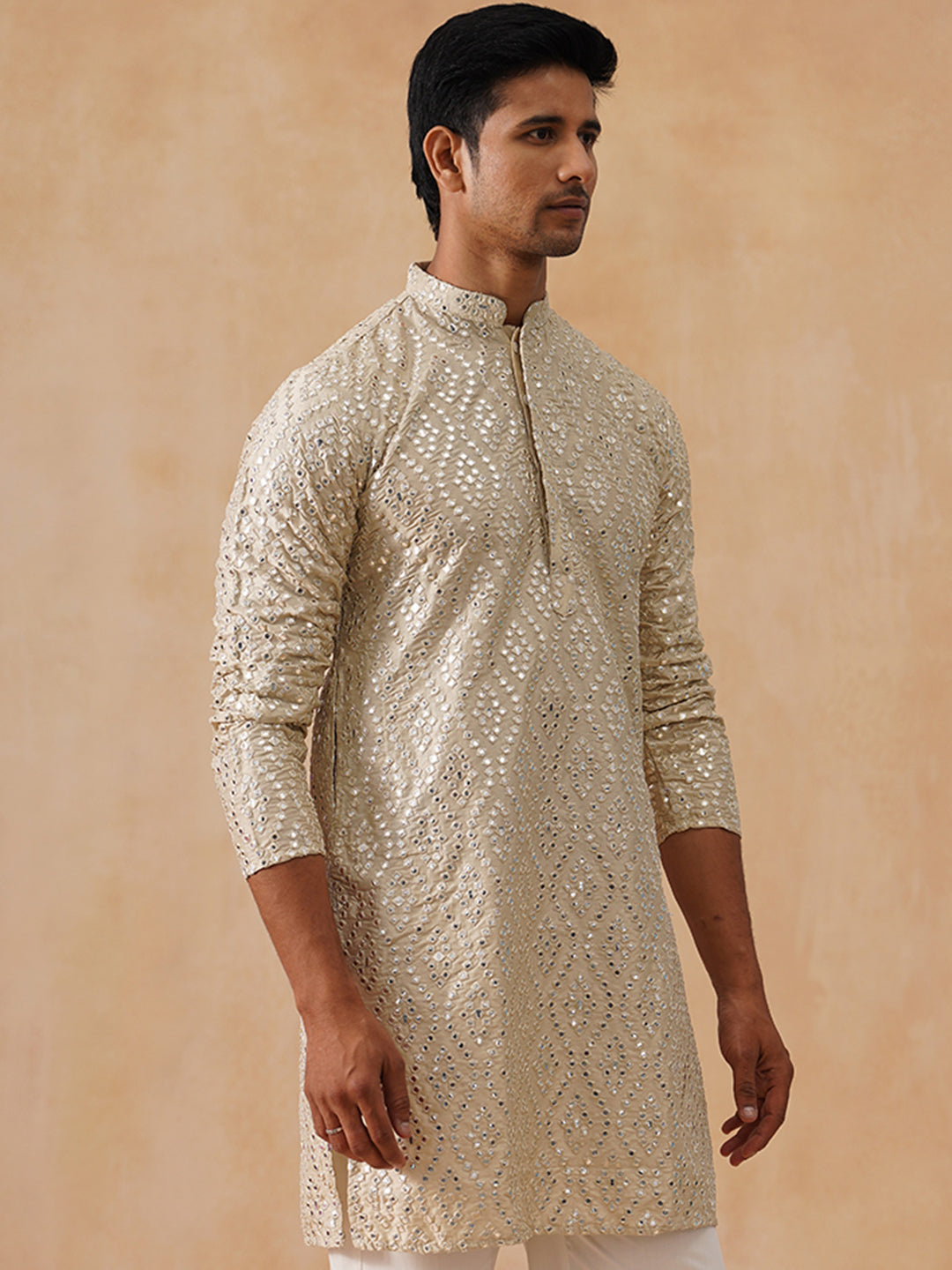 DesiQlo Men Geometric Kurta Only - Beige - KO_5269Cream_S