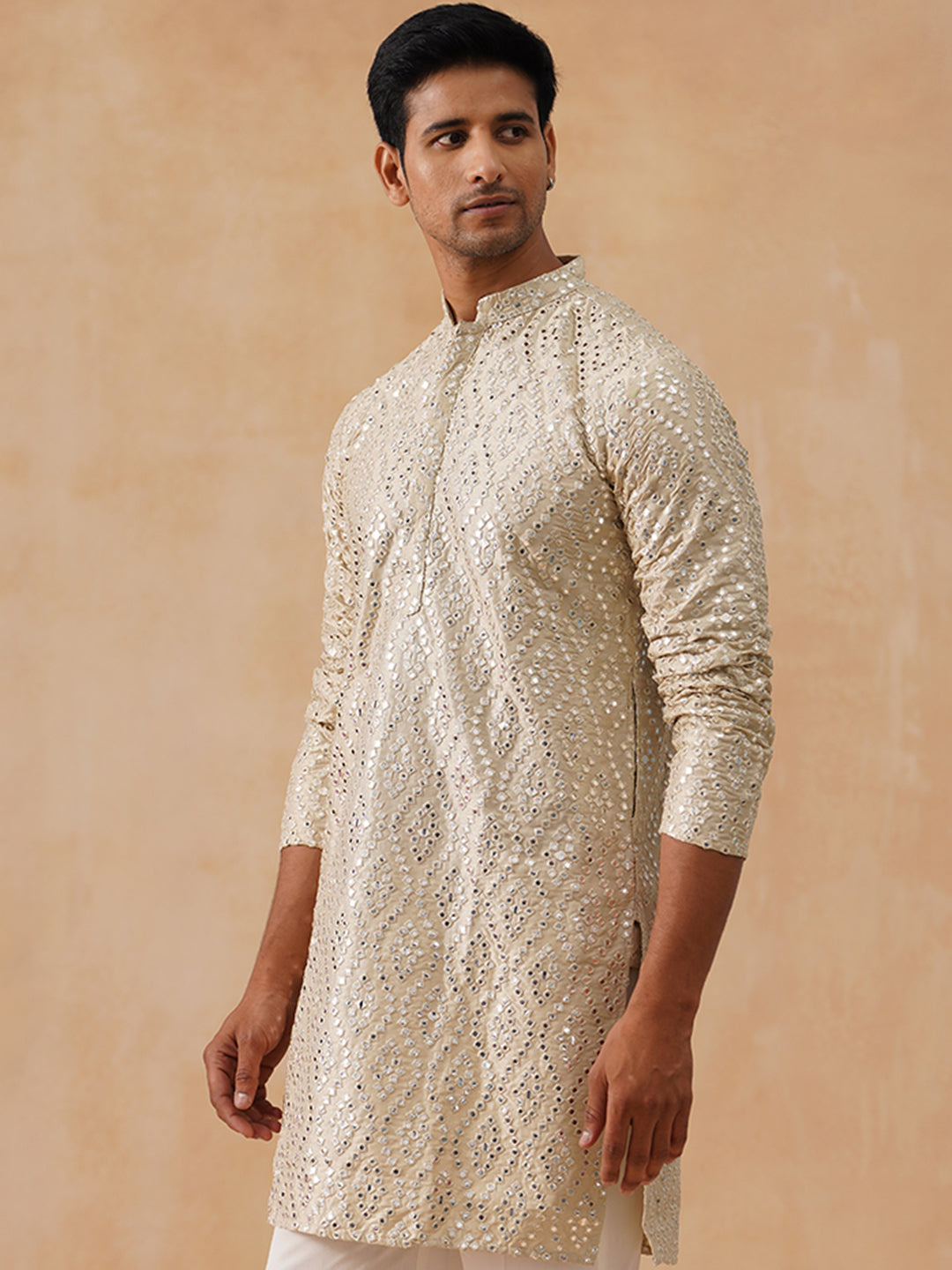 DesiQlo Men Geometric Kurta Only - Beige - KO_5269Cream_S