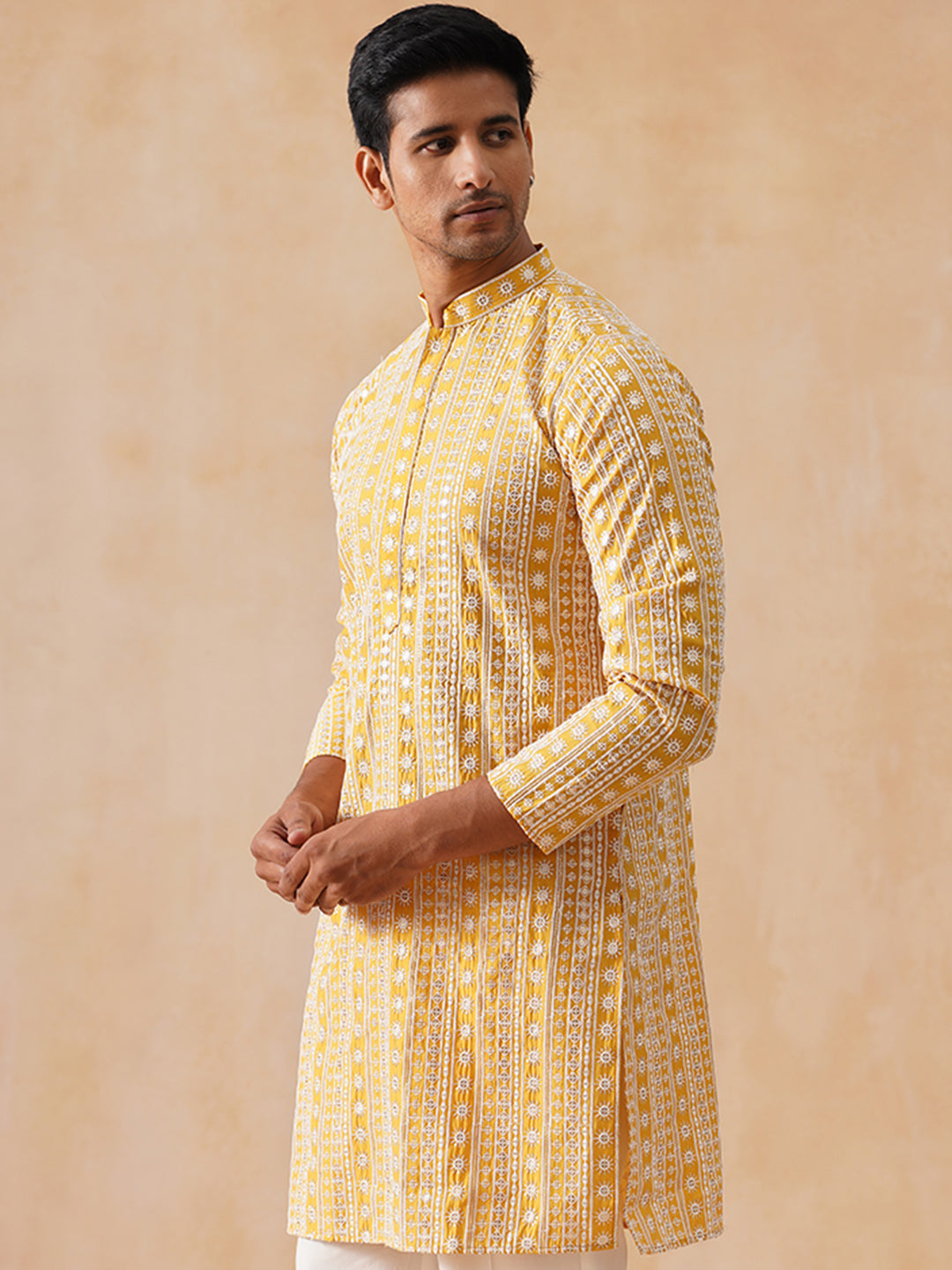 DesiQlo Men Geometric Kurta Only - Yellow - KO_5280Mustard_S