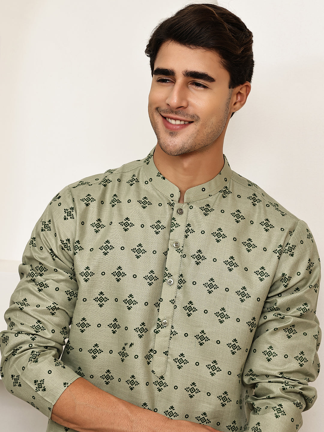 Traditional Floral Printed Kurta for Men ( KO 5281 Pista ) [FF] [D-3]