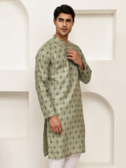 Traditional Floral Printed Kurta for Men ( KO 5281 Pista ) [FF] [D-3]