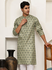 Traditional Floral Printed Kurta for Men ( KO 5281 Pista ) [FF] [D-3]