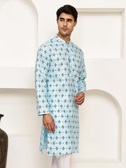 Traditional Floral Printed Kurta for Men ( KO 5281 Sky ) [FF] [D-3]