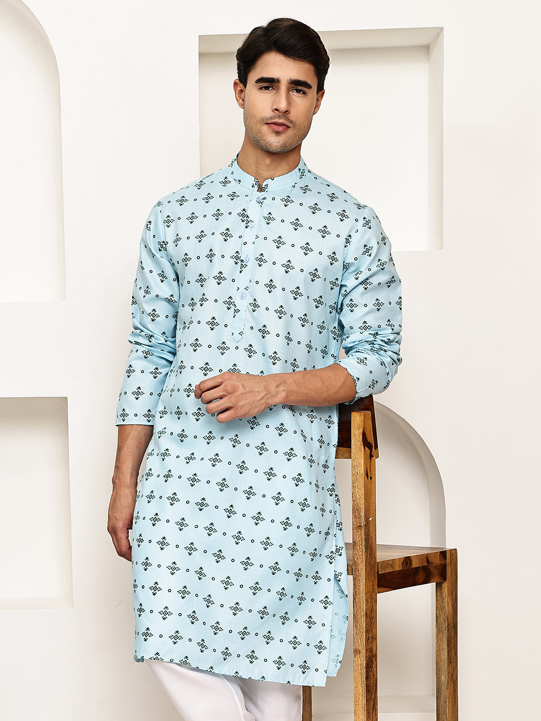 DesiQlo Men Printed Kurta Only - Blue - KO_5281Sky_S