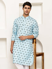 Traditional Floral Printed Kurta for Men ( KO 5281 Sky ) [FF] [D-3]
