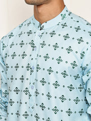 Traditional Floral Printed Kurta for Men ( KO 5281 Sky ) [FF] [D-3]