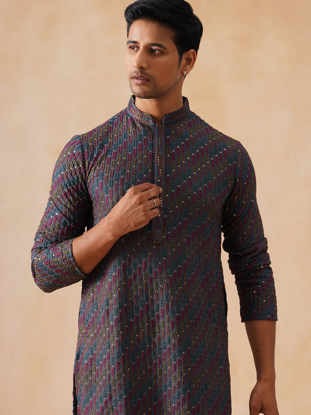 DesiQlo Men Floral Kurta Only - Grey - KO_5282Charcoal_S