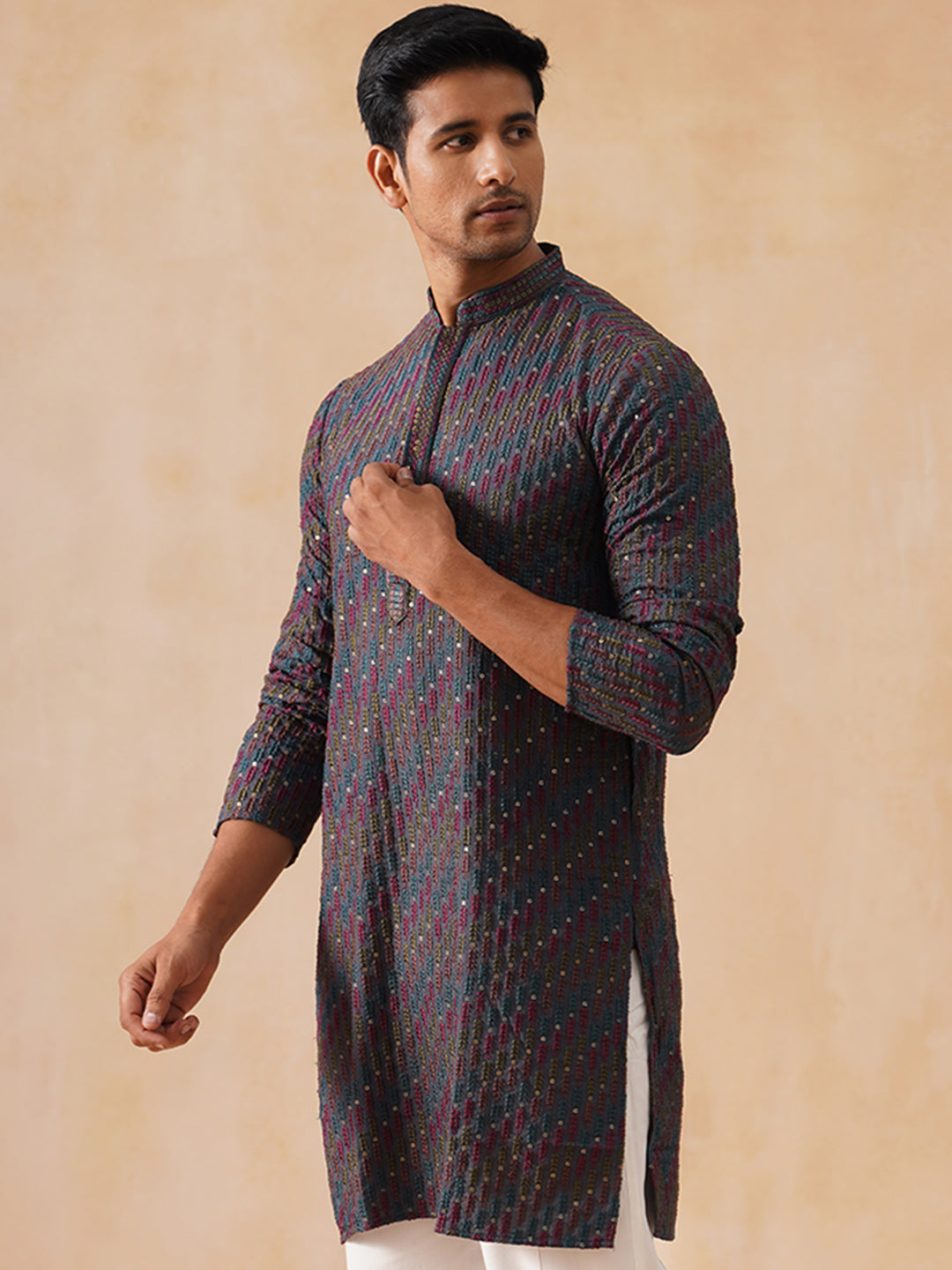 DesiQlo Men Floral Kurta Only - Grey - KO_5282Charcoal_S